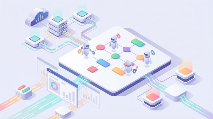 Isometric illustration of AI agents accessing marketing automation APIs while traditional dashboard screens fade, representing Salesforce Headless 360
