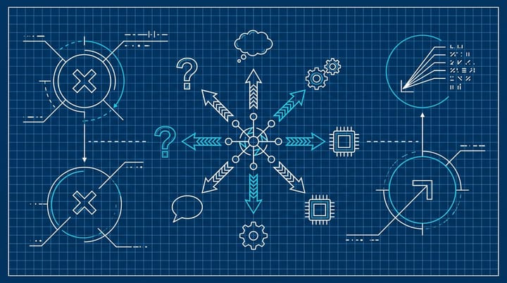 Blueprint-style diagram of a fictional brand domain at center with citation arrows to AI engine icons, '1,799 citations' callout and '32x outrank' multiplier label