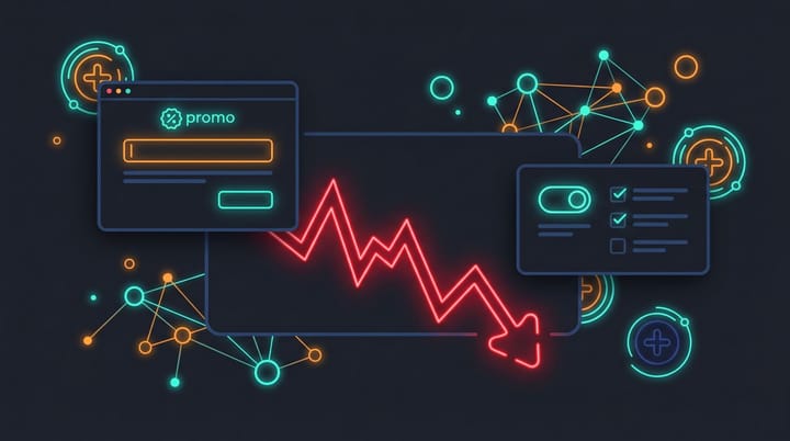 Dark data-viz scene: a Shopify checkout window with a promo code field overlaid on a red revenue chart dropping to negative 18,000 euros and a discount settings panel.