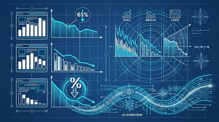 Chartbeat-style bar chart showing small publishers losing 60 percent of search traffic versus 22 percent for large publishers, with AI Overview sweep across lower bars