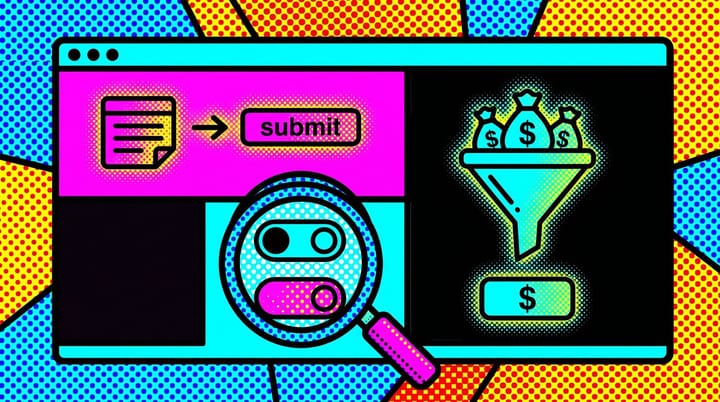 Pop-art illustration of a Google Ads dashboard with a primary vs secondary conversion toggle and halftone dot pattern showing smart bidding signal optimization