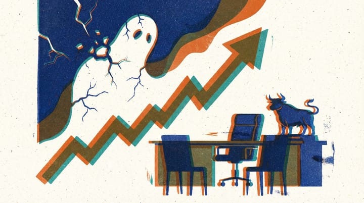 Risograph illustration of cracked Snapchat ghost logo next to rising stock chart arrow and empty office chairs