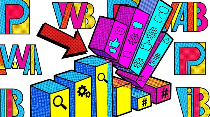 Pop art collage of two stacked dollar bar charts where the social media bar overtakes the search bar, with the IAB and PwC report logos in the background.