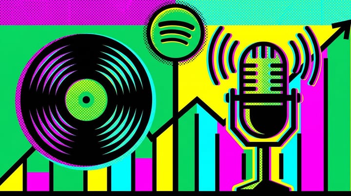 Pop art collage of Spotify logo split between a vinyl record and a podcast mic with an auction graph behind, marking biddable ads at a third of ad revenue.