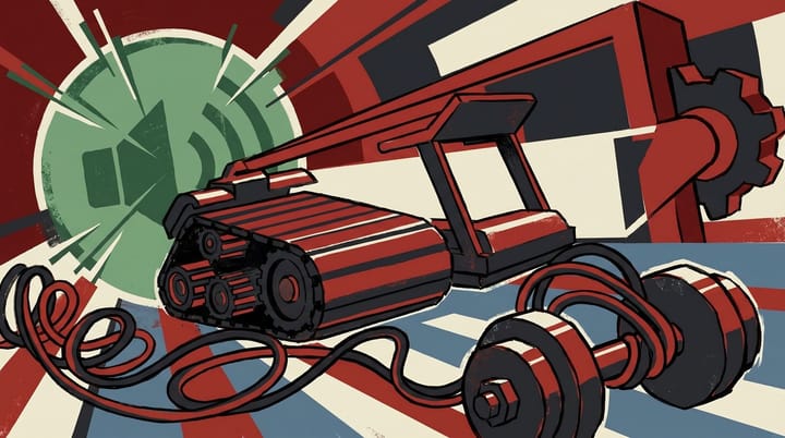 Propaganda-style poster: Spotify app icon merged with Peloton red treadmill bars, oversized 290M figure, earbuds wrapping dumbbells in the fitness audio bundle