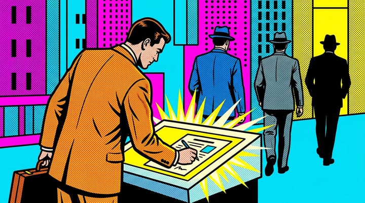 Pop-art comic illustration of three suited holding company executives walking away from a Trade Desk Koa Agent terminal while a Stagwell exec signs a contract at it