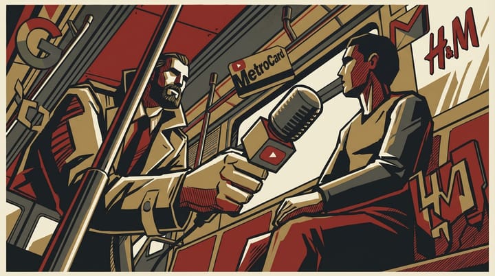 Propaganda-style poster of a NYC subway car with a figure holding a microphone, surrounded by brand logos and bold text about format consistency