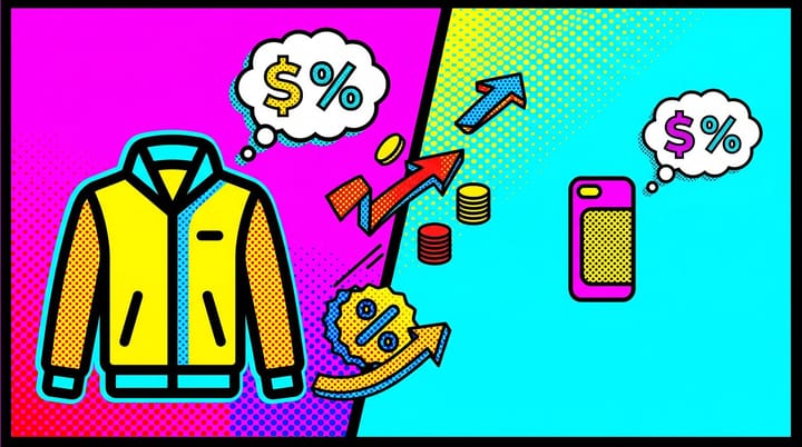 Pop-art split-screen of a 00 jacket and a 5 phone case with ROAS and CPA badges showing Google Ads bidding tradeoff.