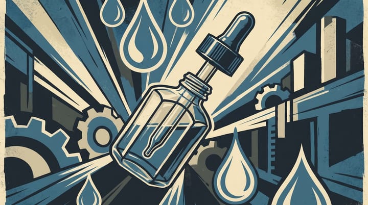 Propaganda poster design of a Tearquilizer perfume bottle with teardrop motifs and bold typography, illustrating the viral fake-product stunt by two Amsterdam creatives.
