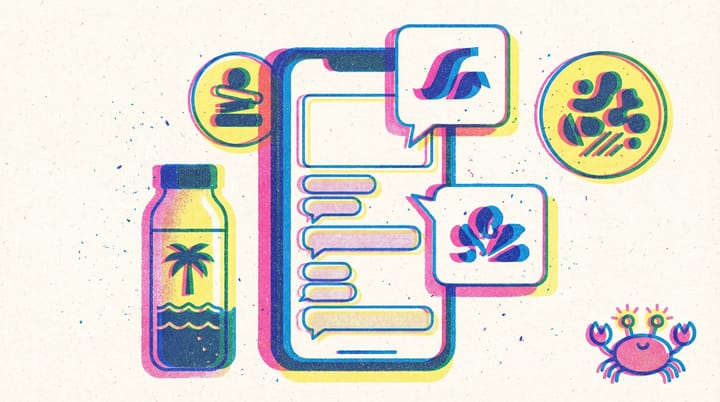 Risograph-style illustration of brand logos emerging from TikTok comment bubbles with notification counters and engagement metrics floating around a smartphone screen