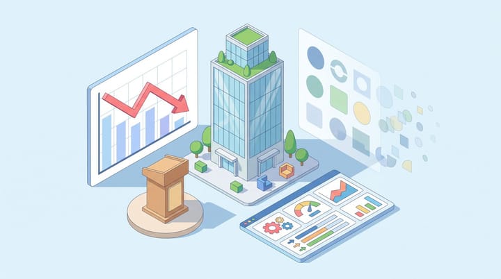 Isometric illustration of a WPP corporate tower with a downward-sloping revenue chart showing 8.9% decline and an empty CEO podium for the Q1 2026 earnings call.