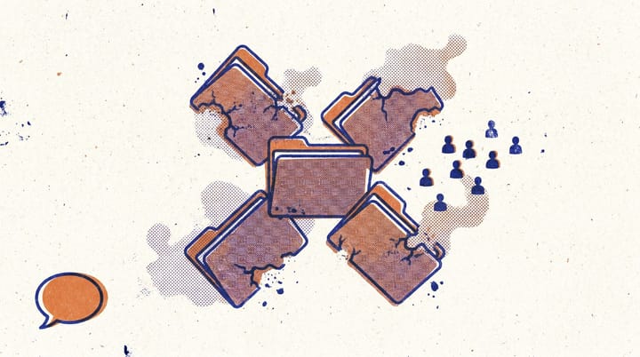 Risograph-style illustration: the X logo crumbling into empty folders, a giant 287 overlaid, and tiny user silhouettes drifting toward a small group chat bubble.