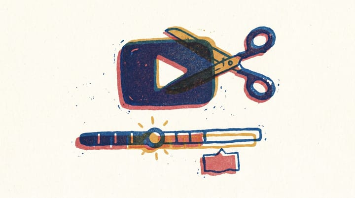 Risograph illustration of a YouTube play button with scissors cutting a video timeline over a faded Clips label and a glowing 2:30 timestamp marker