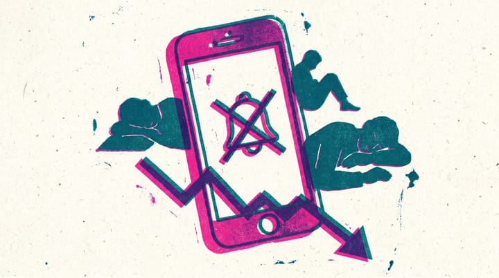 Risograph illustration of a smartphone with a crossed-out YouTube bell icon and silhouettes of sleeping subscribers around a deflating chart