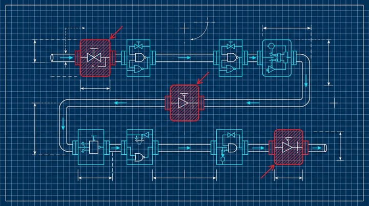 Blueprint diagram showing ten labeled gates of an AI search pipeline with three highlighted as priority audit points