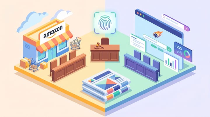 Isometric illustration of a courtroom split between Amazon and Perplexity, with publisher mastheads stacked beside a hovering user-agent fingerprint above the judge's bench
