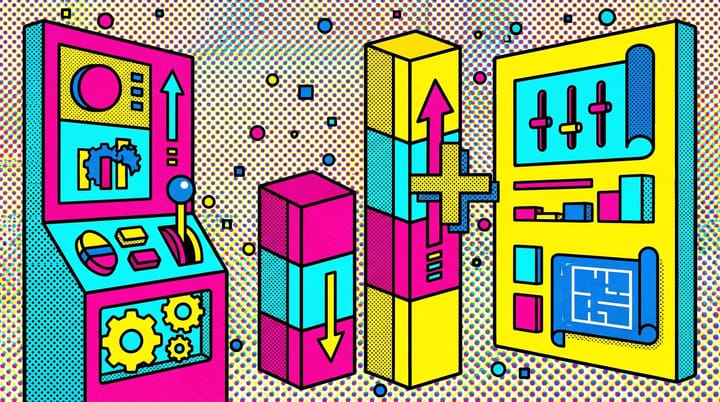 Pop-art split panel showing a Meta Advantage+ campaign builder beside a manual ad set, with an incrementality ROAS chart between them favoring manual campaigns.