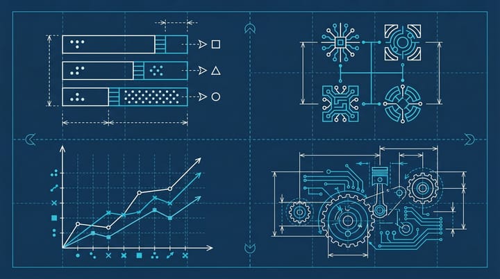 Blueprint-style technical schematic of AEO tool pricing tiers at $29, $99, and $399 with AI engine logos and citation share graph annotations