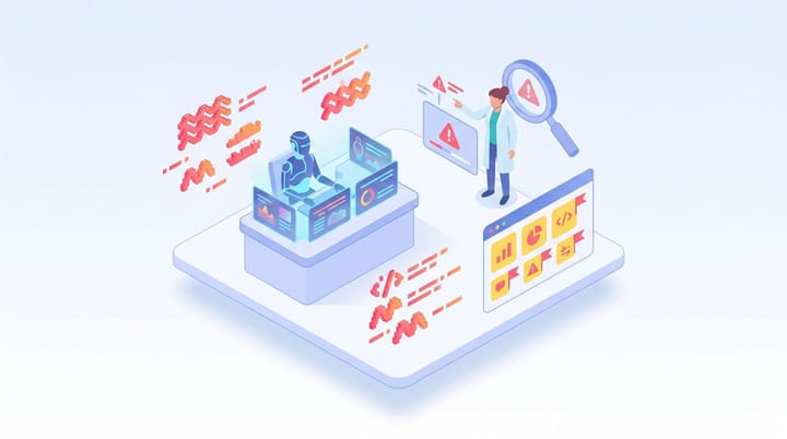 Isometric illustration of an AI media buying agent flagging hallucinated CPM pricing while a human reviewer audits ad-server line items on a dashboard.