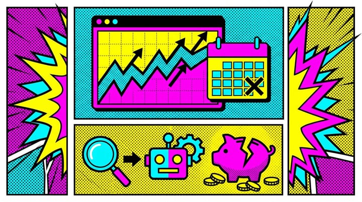 Pop-art illustration of a Google Ads dashboard with a rising CPC line, a September calendar marker, and a DSA campaign tag being upgraded to an AI Max badge.