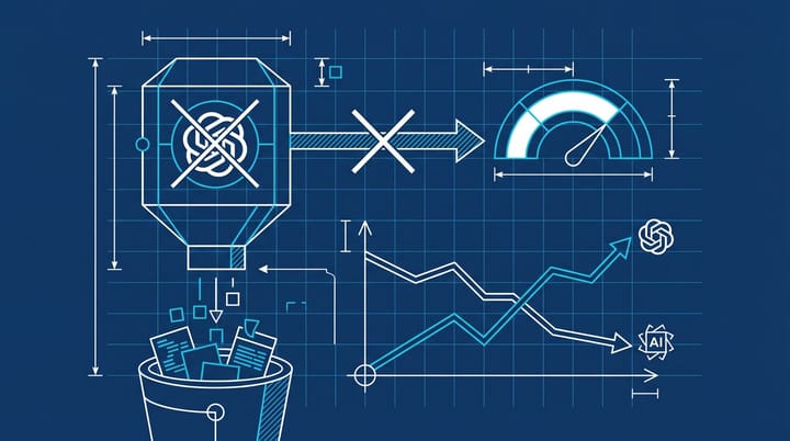 GA4 Direct traffic bucket overflowing with stripped ChatGPT referrer headers, blueprint-style line graph showing organic decline against AI share growth.