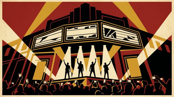 Vintage concert-poster illustration of Bowery Ballroom marquee reading AIR PRESENTS THROBCHELLA, with four boy band silhouettes on stage and a crowd of phone screens