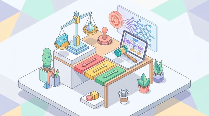 Isometric illustration of a chatbot speech bubble weighed on the scales of justice beside a laptop showing red, yellow, and green AI review lanes.