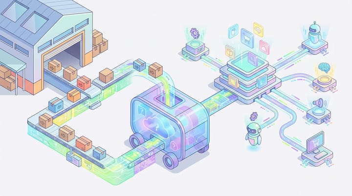 Isometric illustration of Amazon warehouse boxes connecting through API channels into a stylized ChatGPT chat bubble cart, agent-driven commerce flow