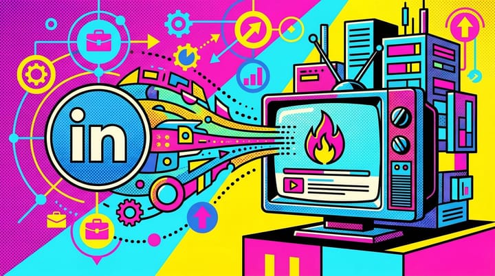 LinkedIn data stream flowing into Amazon Fire TV CTV screen with Microsoft Monetize server tower behind, pop-art style B2B job title targeting overlay