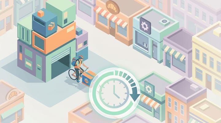 Isometric illustration of an Amazon Now courier departing a small urban delivery hub with a 30-minute countdown timer above the city block