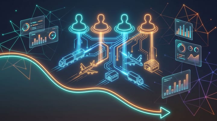 Network of trailers, planes, and warehouse nodes linked to four corporate brand silhouettes with a descending pricing curve, representing Amazon Supply Chain Services.