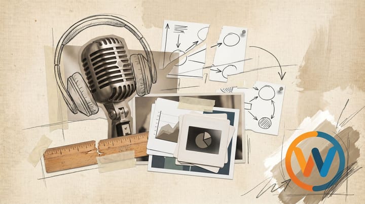 Photo collage of a creator video podcast mic, broken measurement ruler and scattered attribution charts marking Amazon Wondery's TV-upfront measurement gap