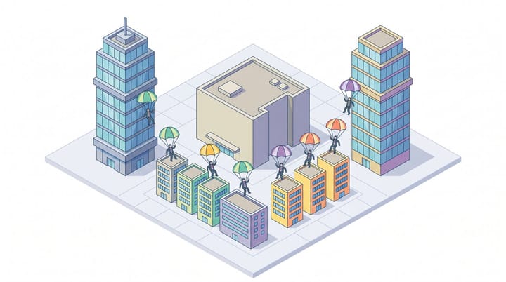 Isometric illustration of Anthropic and OpenAI corporate towers with engineers parachuting into client buildings, bypassing a Big Four Consulting tower