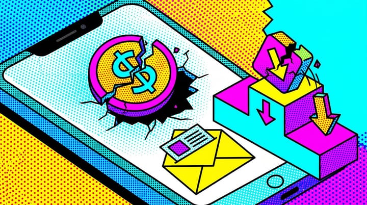 Pop-art collage of an iPhone with a removed Freecash app icon, a TechCrunch email envelope, and a falling No. 2 App Store chart ranking.