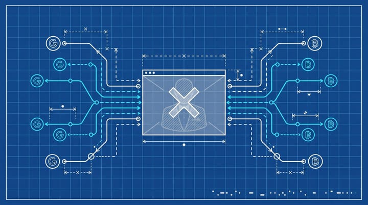 Closed Ask.com homepage with Jeeves butler logo fading, surrounded by Google and Bing search partner network site icons in a blueprint diagram style