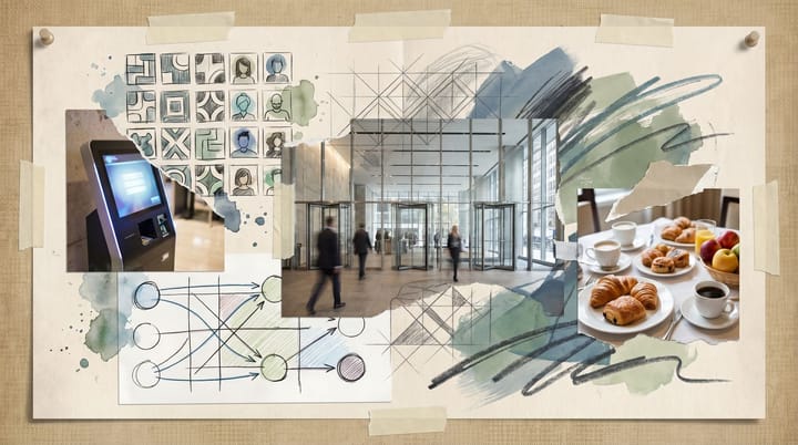 Collage of a Madison Avenue lobby, a programmatic buying terminal of creator inventory tiles, a microcreator avatar mosaic, and a clean-room data diagram.