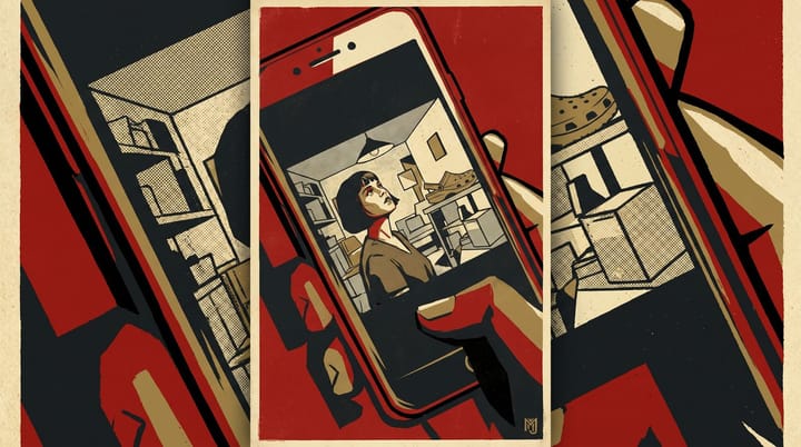 Vertical phone-screen propaganda-style poster of a young woman in a New York apartment from a TikTok mockumentary, with a single Crocs clog visible as a plot device.