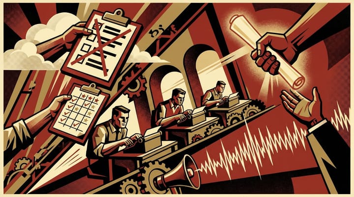Propaganda-poster illustration of a brand voice framework handed from founder to writing team, with exclusion-list clipboard, voice waveform, and grading rubric.