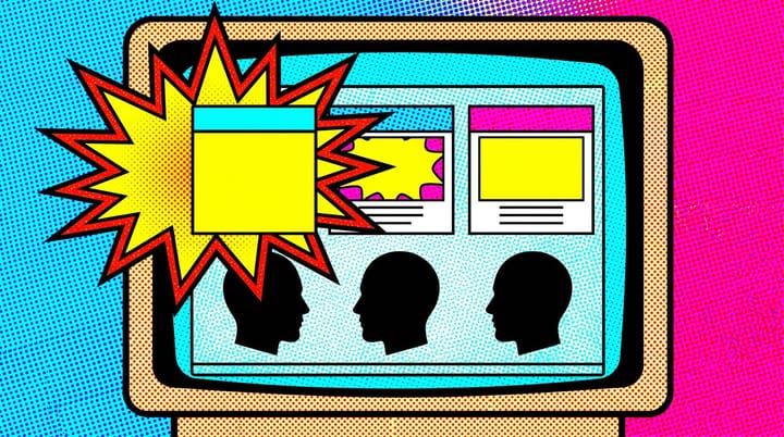 Pop-art split panel of three ChatGPT chat screens with ad cards labeled 0%, 1.15%, and 2.4% CTR, dotted halftone background, three operator silhouettes.