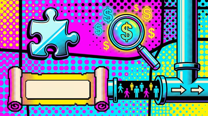 Pop-art Chrome extension icon leaking dollar signs through a magnifying glass over a privacy policy scroll, user silhouettes flowing into a data broker pipe.