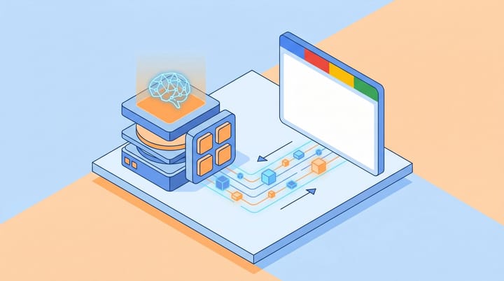 Isometric illustration of a Chrome browser window with a 4 GB Gemini Nano AI model file on a local desktop, no cloud server in the background.