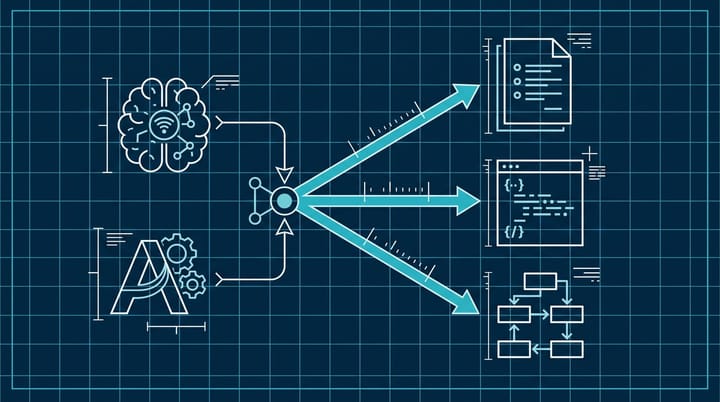 Technical blueprint diagram splitting Claude and ChatGPT logos by labeled task arrows to a content brief icon, a JSON-LD code block, and an internal linking site map.