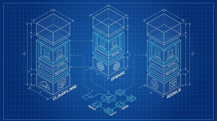 Three blueprint stacks labeled Cloudflare, OpenAI, and Google showing AI agent runtime layers: sandbox, model harness, and endpoint connections.