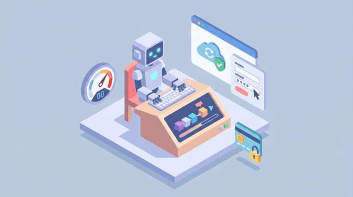 Isometric flat illustration of an AI agent terminal running stripe projects init, a Cloudflare account auto-creating, a domain registration form, and a $100 monthly cap gauge
