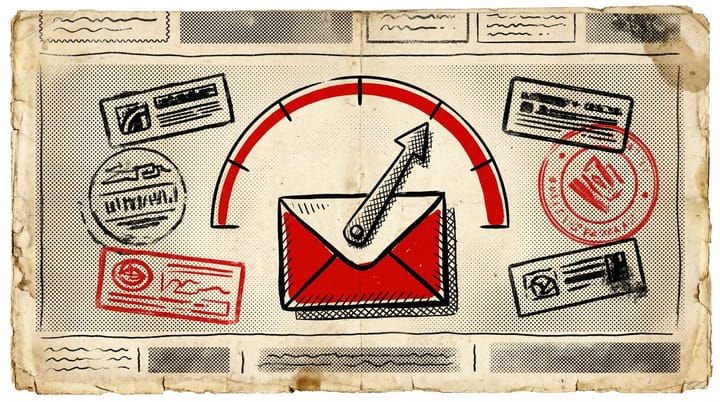 Retro newsprint cold email tradesheet with a 95 percent inbox placement gauge and stamped warmup and deliverability marks