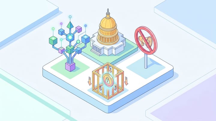 Isometric flat illustration of the Colorado capitol dome with a branching AI decision tree showing marketing exempt and insurance pricing trapped inside the regulatory perimeter