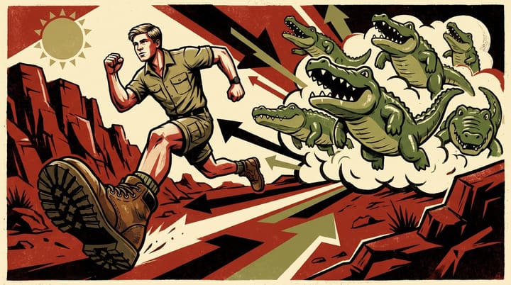 Robert Irwin sprinting across red Australian outback as a wave of oversized inflatable green crocodiles bounces behind him, propaganda-poster action movie style