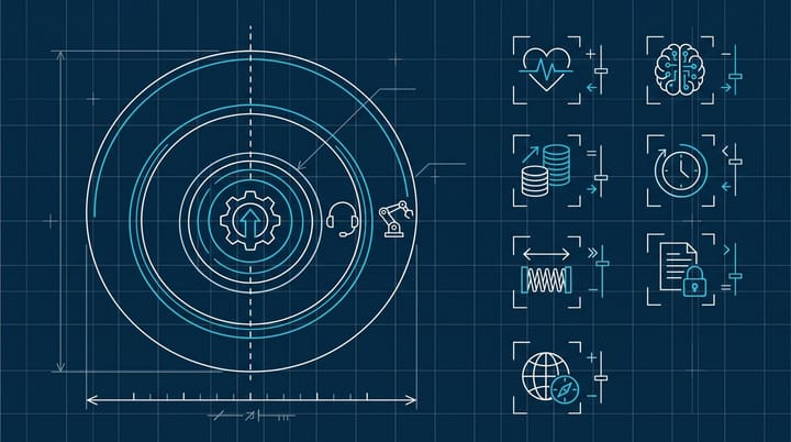 Blueprint diagram of the AI delegation boundary: three concentric mode rings labeled search, assistive, agent, with a dotted boundary line and seven factor icons.