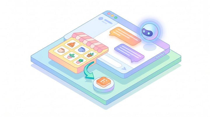 Isometric illustration of an Etsy storefront panel docked inside a ChatGPT conversation, with a click-through arrow pointing out to the Etsy site