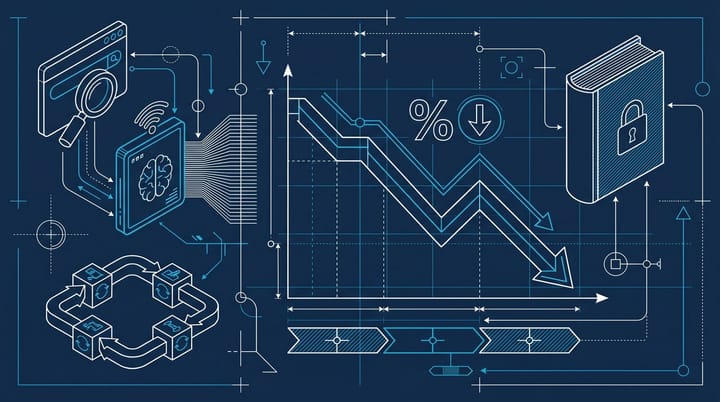 Blueprint schematic of open web traffic falling 46% from 2023 to 2026 with Google AI Overviews, closed social link posts, and the Zero Click Marketing book